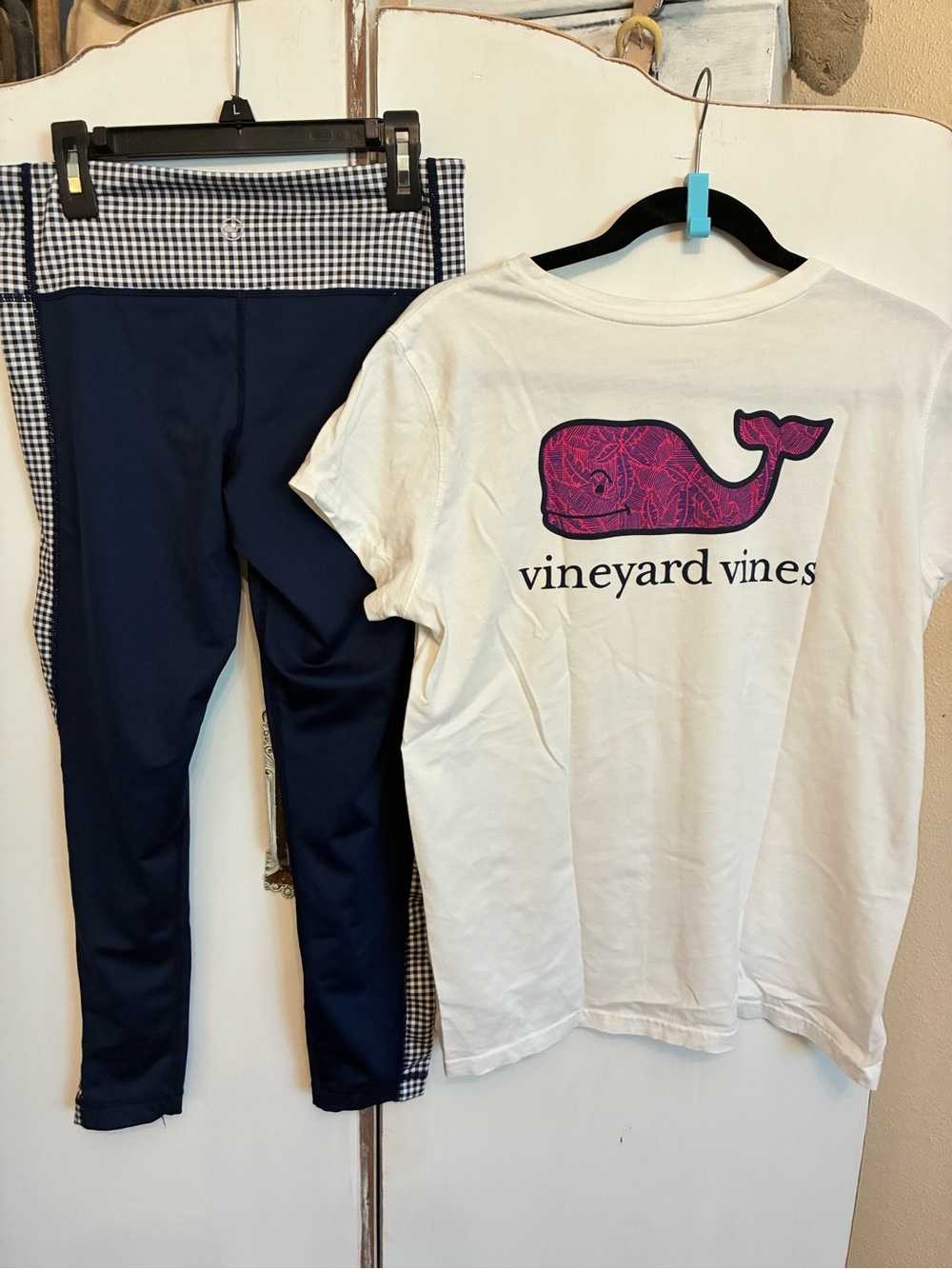 Vineyard Vines White Tee with Pink Whale Logo & gingham leggings